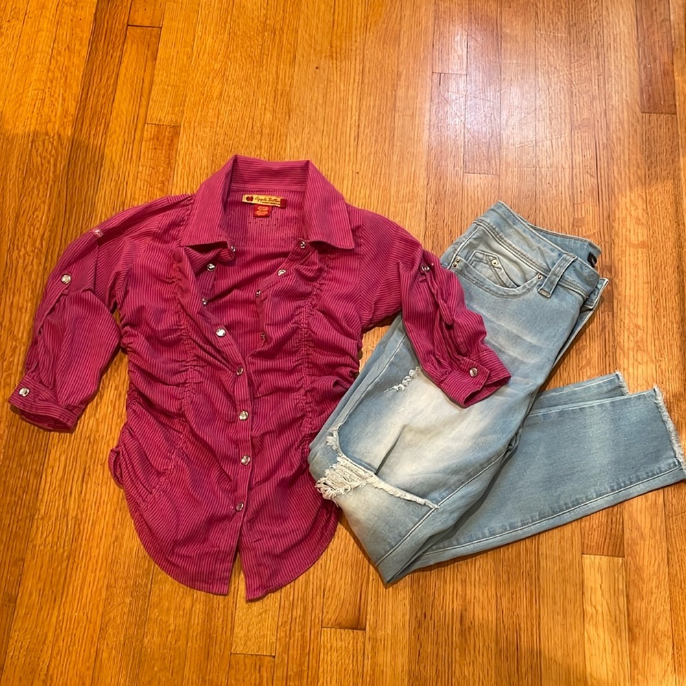 Apple Bottoms Pink Shirt Medium and YMI  Light Blue Jeans Size 7 Bundle